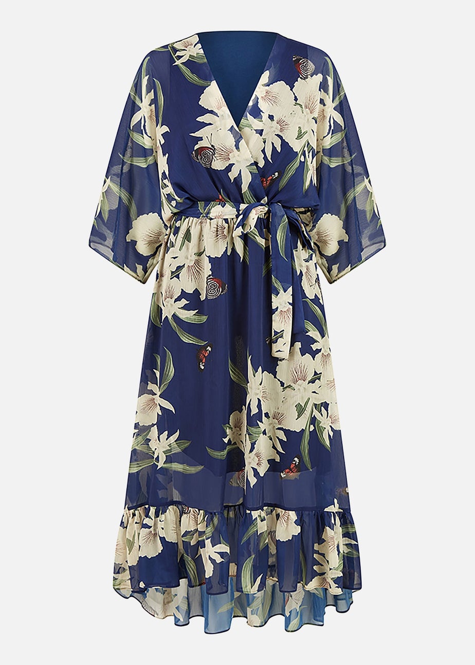 Yumi Floral Print Navy Kimono Midi Wrap Dress