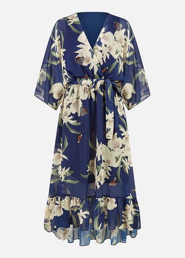 Yumi Floral Print Navy Kimono Midi Wrap Dress