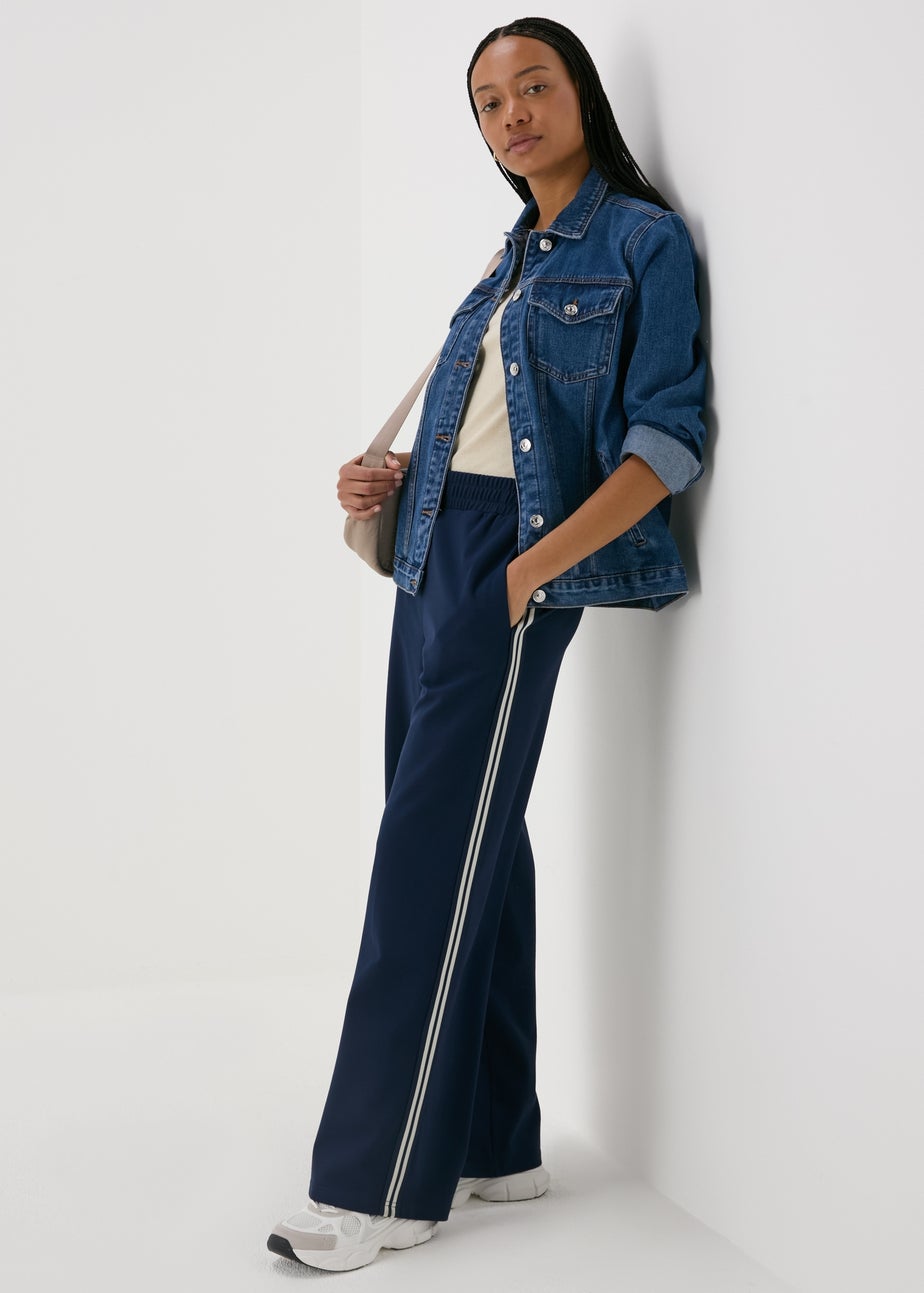 Navy Side Stripe Wide Leg Trousers
