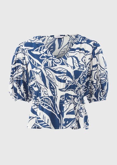 Blue Floral V-Neck Blouse