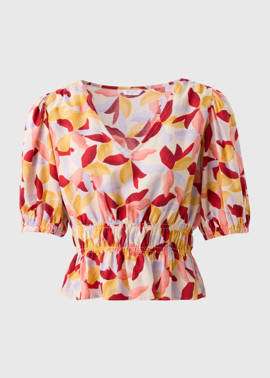 Multicolour Leaf Print V-Neck Blouse
