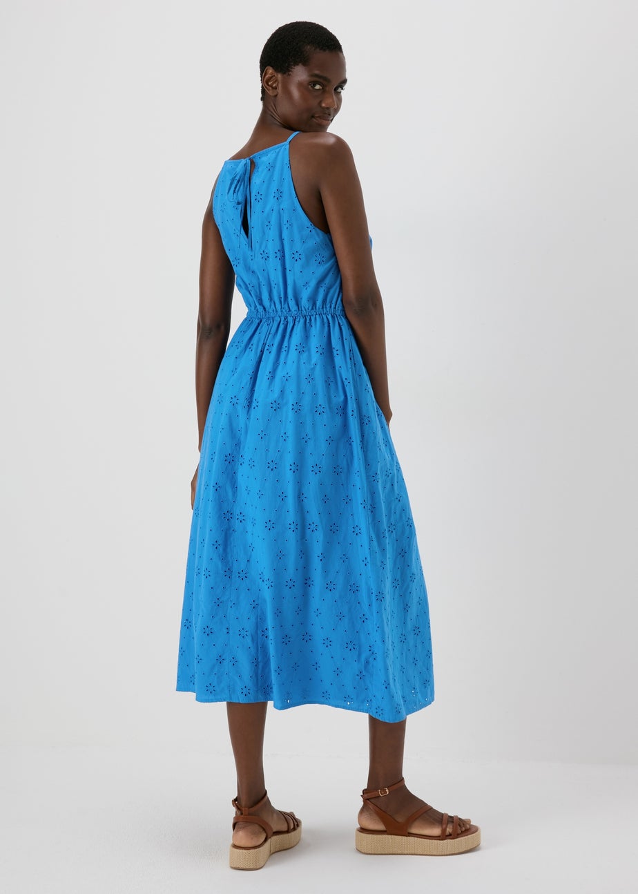 Blue Broderie Racer Neck Midi Dress