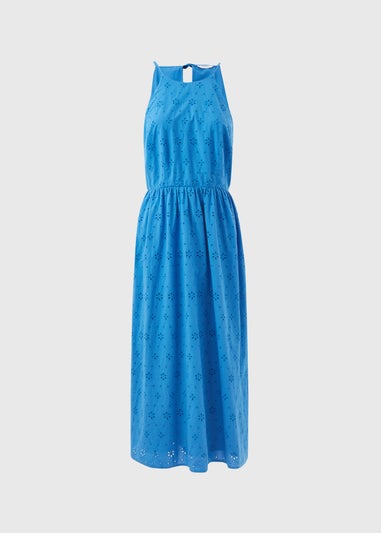Blue Broderie Racer Neck Midi Dress