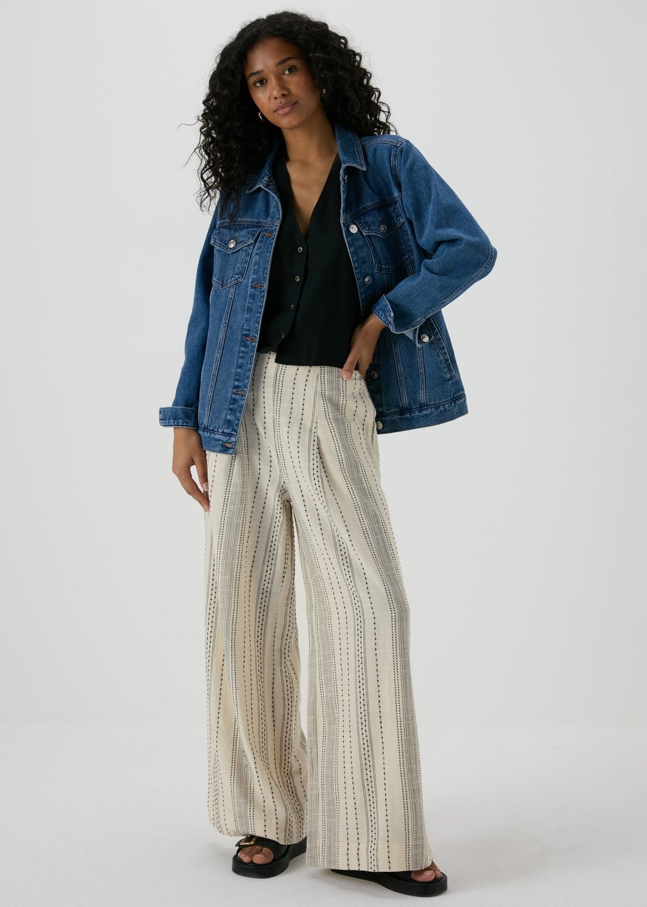 Ecru Stripe Cotton Wide Leg Trousers