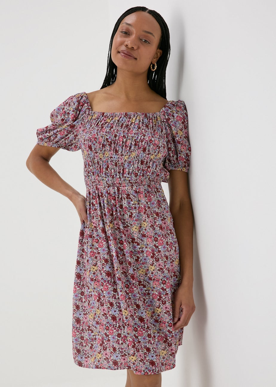 Multicolour Floral Puff Sleeve Midi Dress