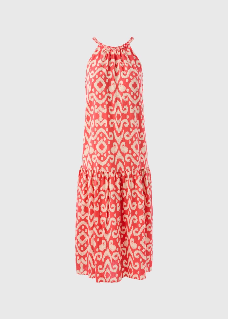 Red Printed Plaited Neck Midi Dress