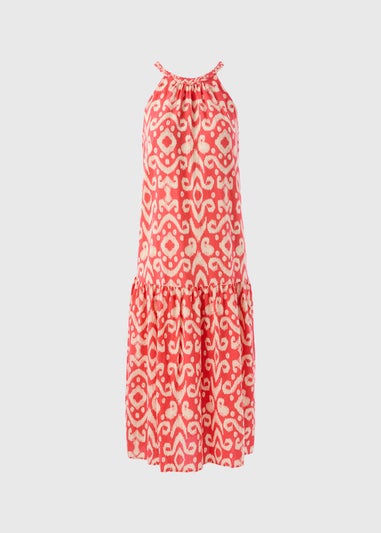 Red Printed Plaited Neck Midi Dress