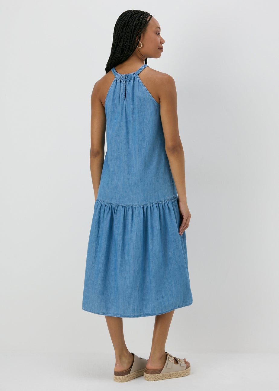 Denim Plaited Neck Midi Dress