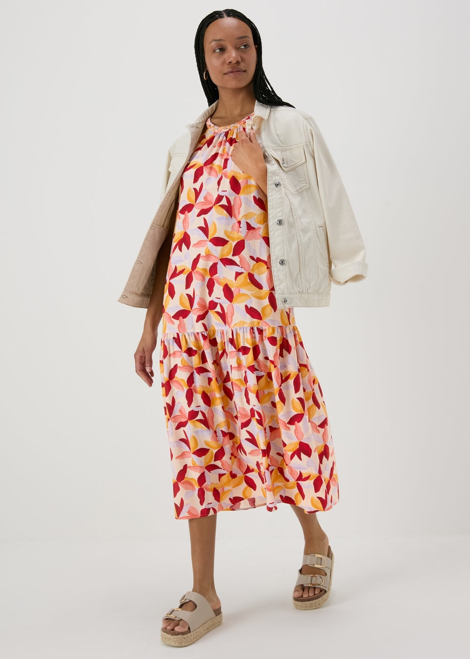 Multicolour Leaf Print Plaited Neck Midi Dress