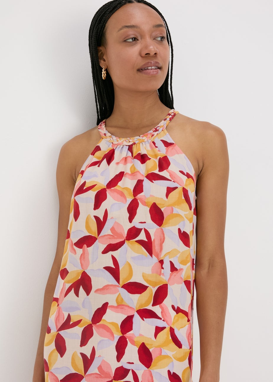 Multicolour Leaf Print Plaited Neck Midi Dress