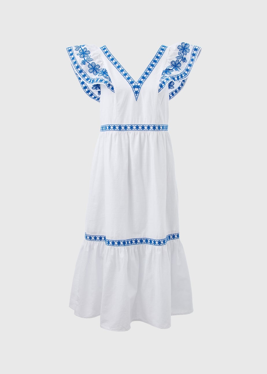 White Embroidered Trim Midi Dress