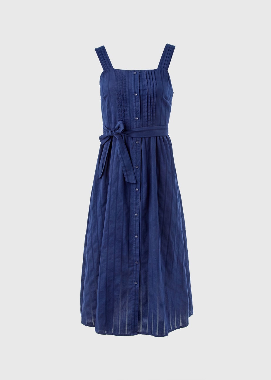 Navy Dobby Stripe Pintuck Midi Dress