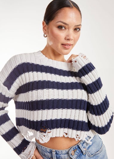 Pink Vanilla Distressed Striped Navy Crop Knit Jumper
