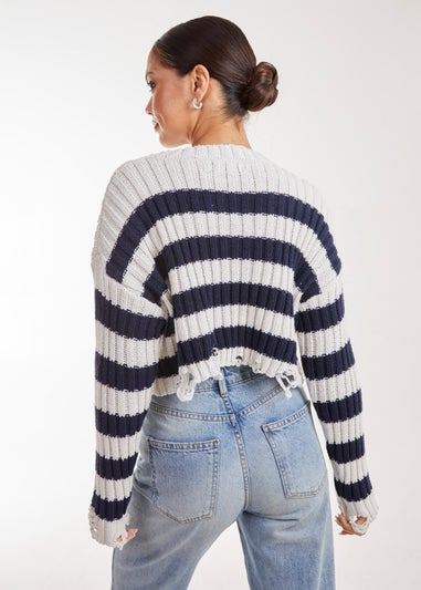 Pink Vanilla Distressed Striped Navy Crop Knit Jumper