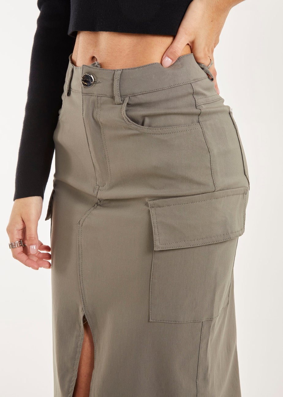 Pink Vanilla Khaki Utility Cargo Midi Slit Skirt