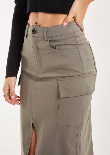 Pink Vanilla Khaki Utility Cargo Midi Slit Skirt