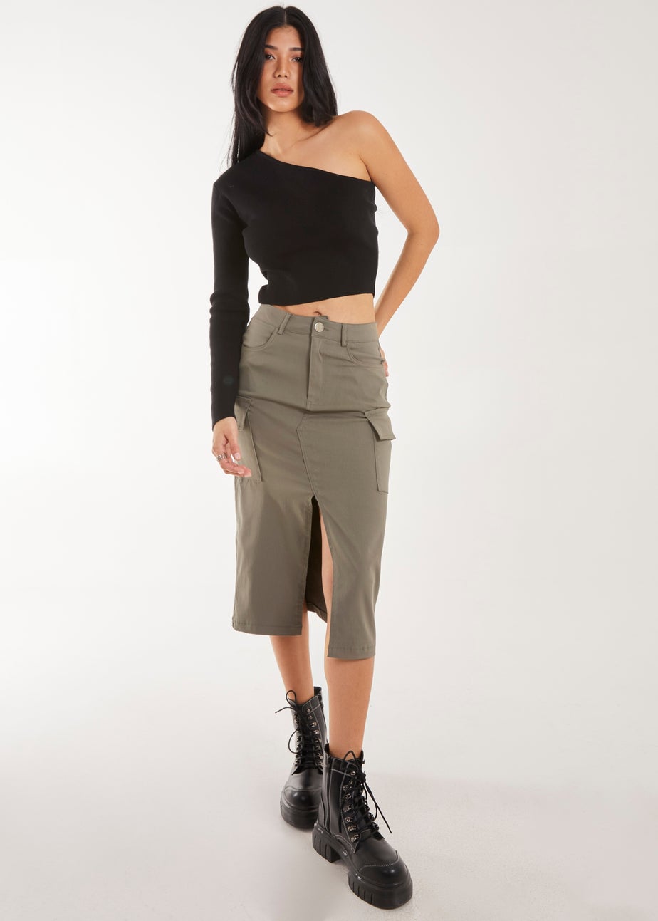 Pink Vanilla Khaki Utility Cargo Midi Slit Skirt