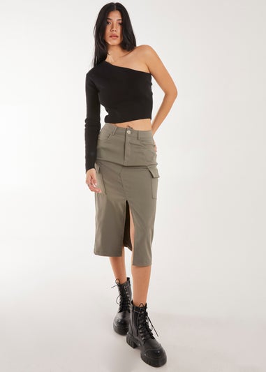 Pink Vanilla Khaki Utility Cargo Midi Slit Skirt