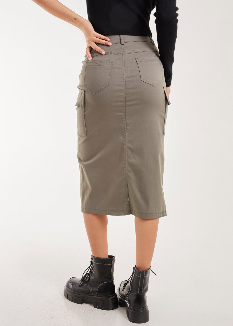 Pink Vanilla Khaki Utility Cargo Midi Slit Skirt