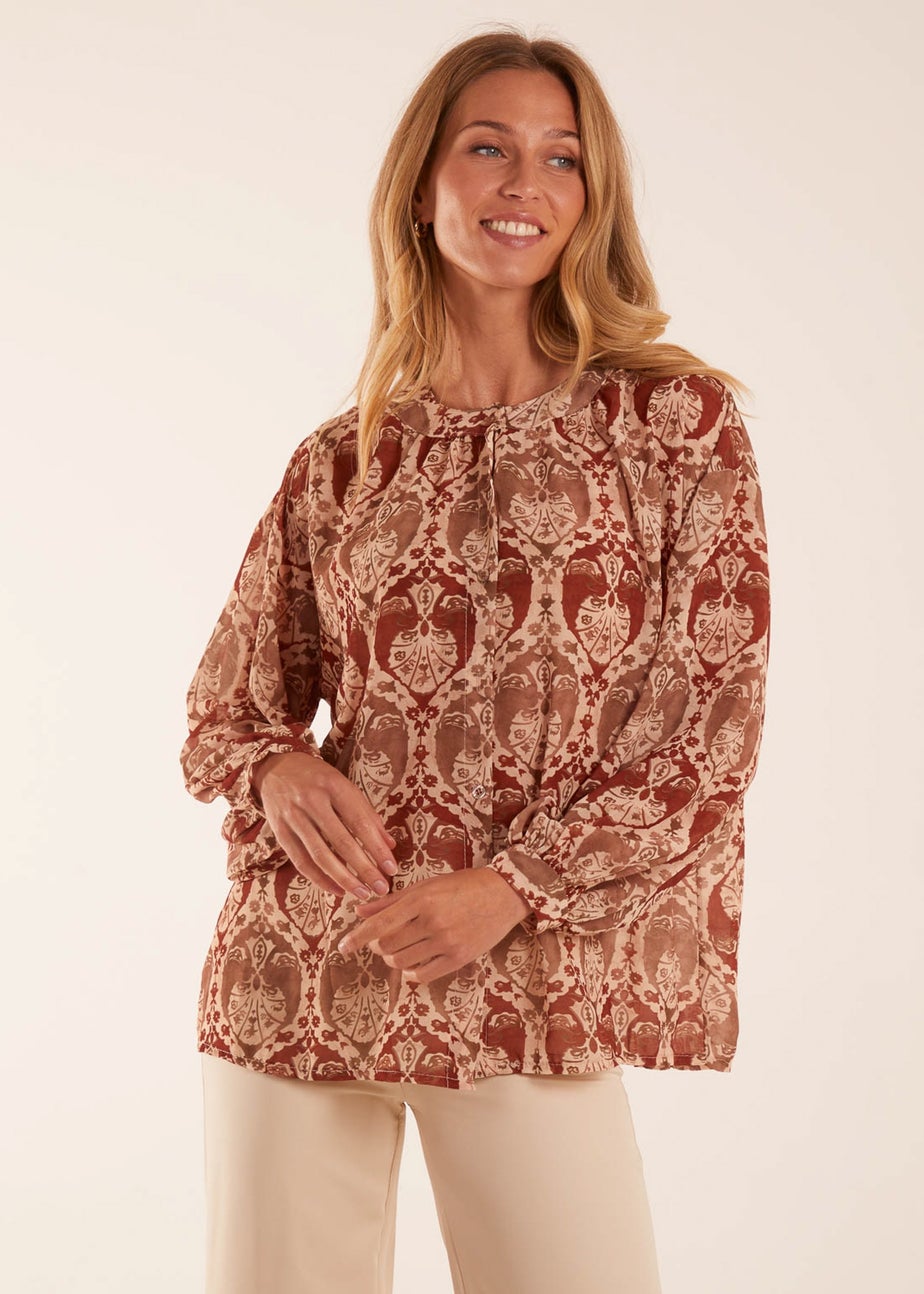 Blue Vanilla Beige Twist Hem Print Blouse