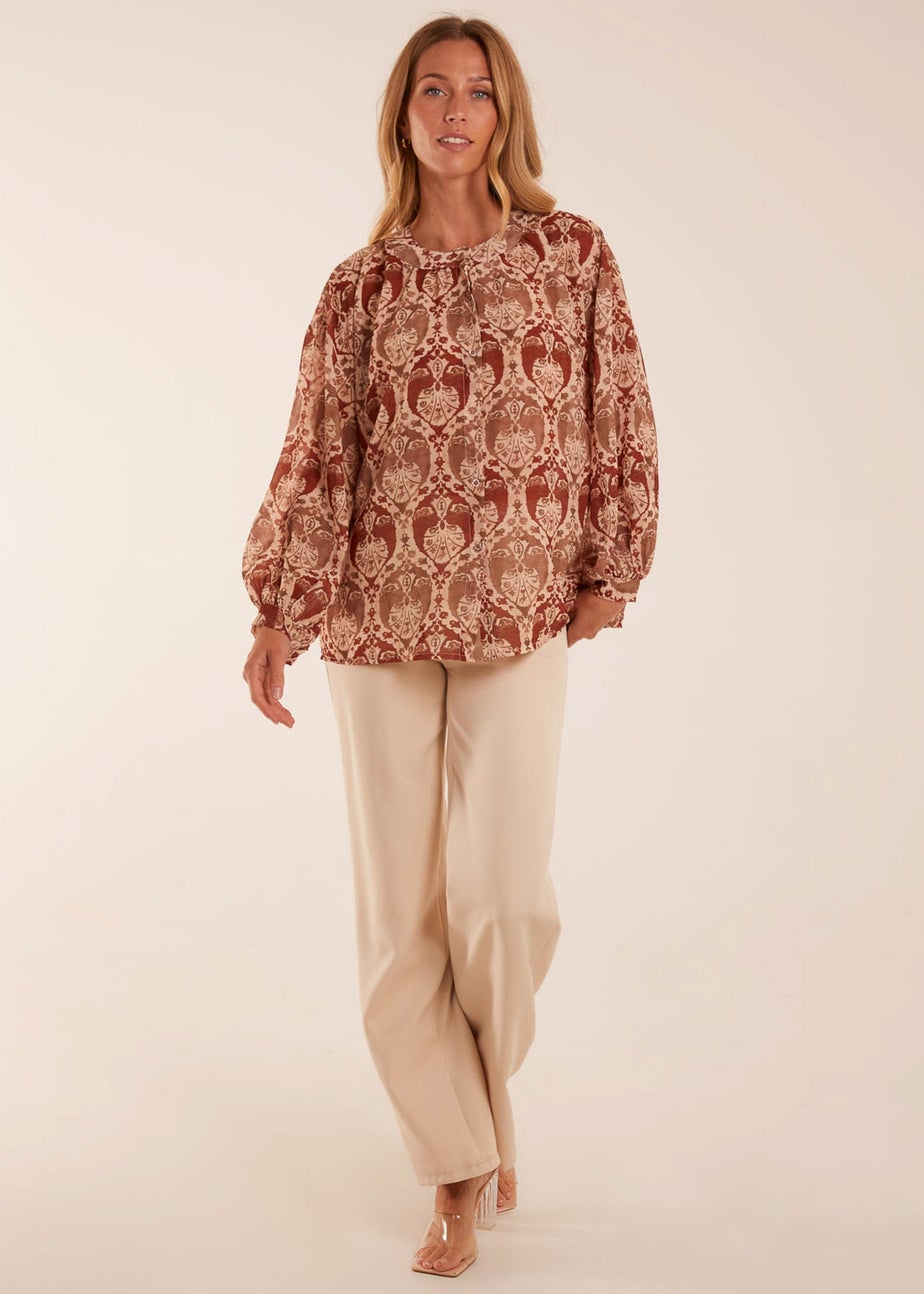 Blue Vanilla Beige Twist Hem Print Blouse