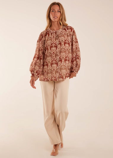 Blue Vanilla Beige Twist Hem Print Blouse