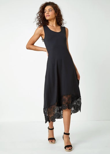 Roman Black Crochet Hem Stretch Midi Dress