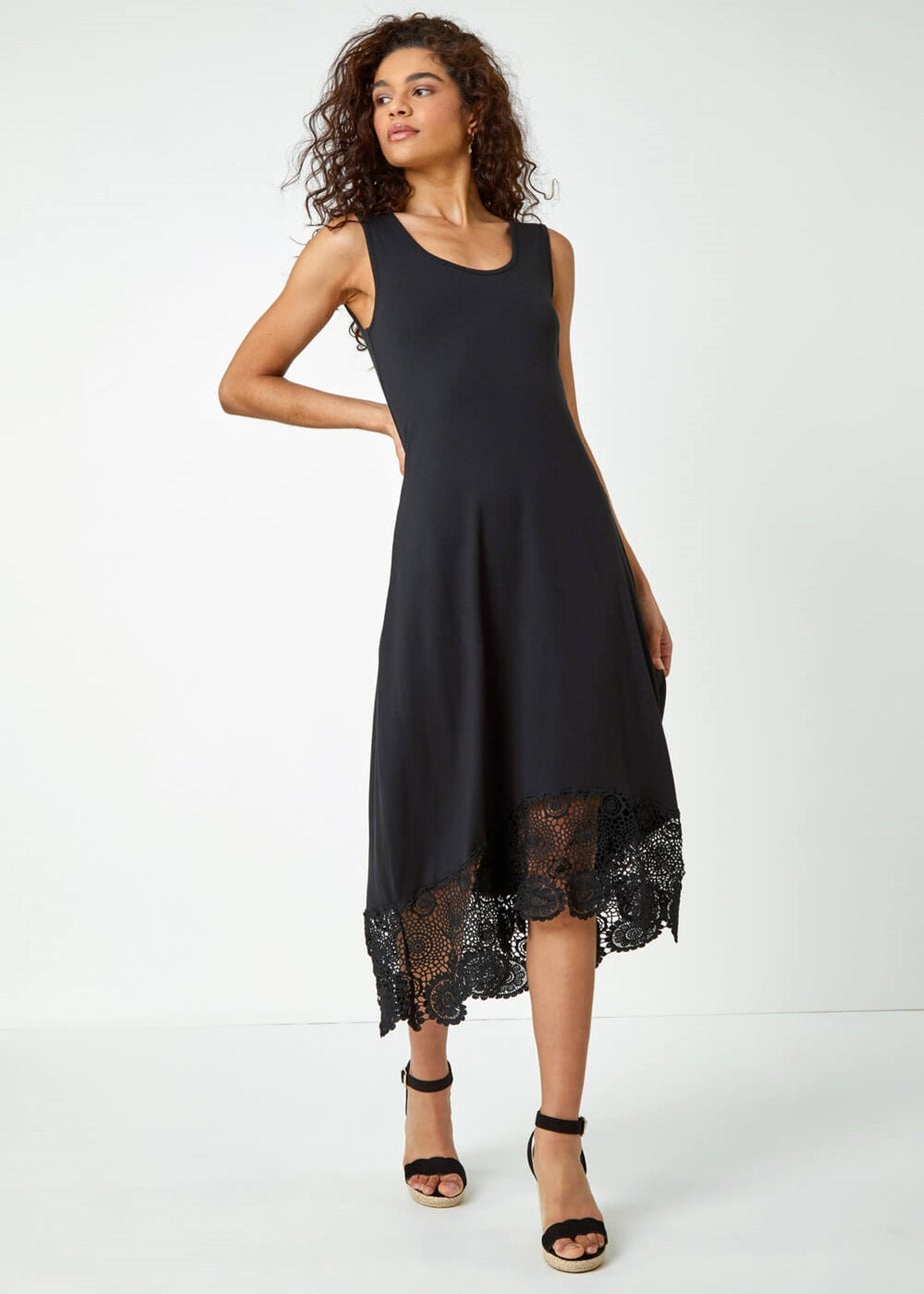 Roman Black Crochet Hem Stretch Midi Dress