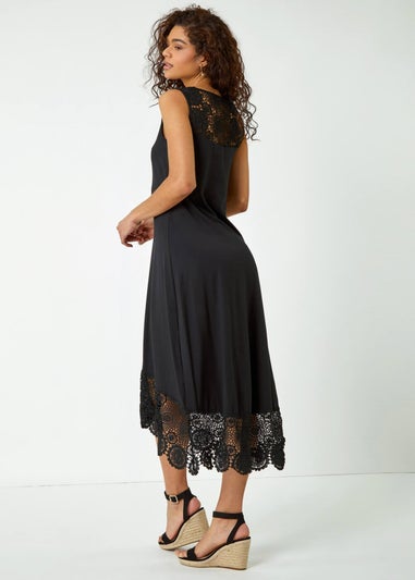 Roman Black Crochet Hem Stretch Midi Dress