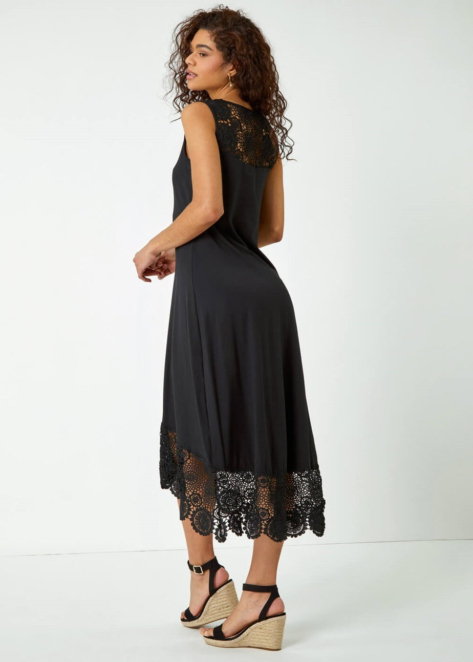 Roman Black Crochet Hem Stretch Midi Dress