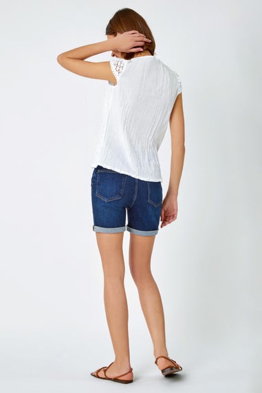 Roman White Lace Embroidered Crinkle Blouse Broderie Anglaise Cotton Top