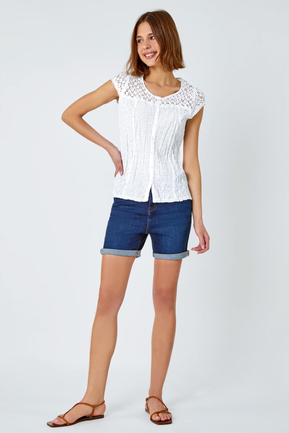 Roman White Lace Embroidered Crinkle Blouse Broderie Anglaise Cotton Top