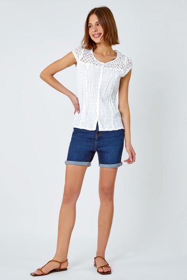 Roman White Lace Embroidered Crinkle Blouse Broderie Anglaise Cotton Top