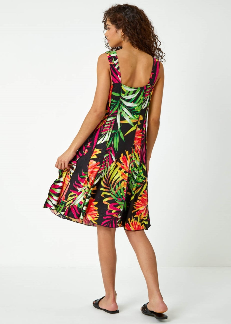 Roman Black Tropical Print Panel Dress