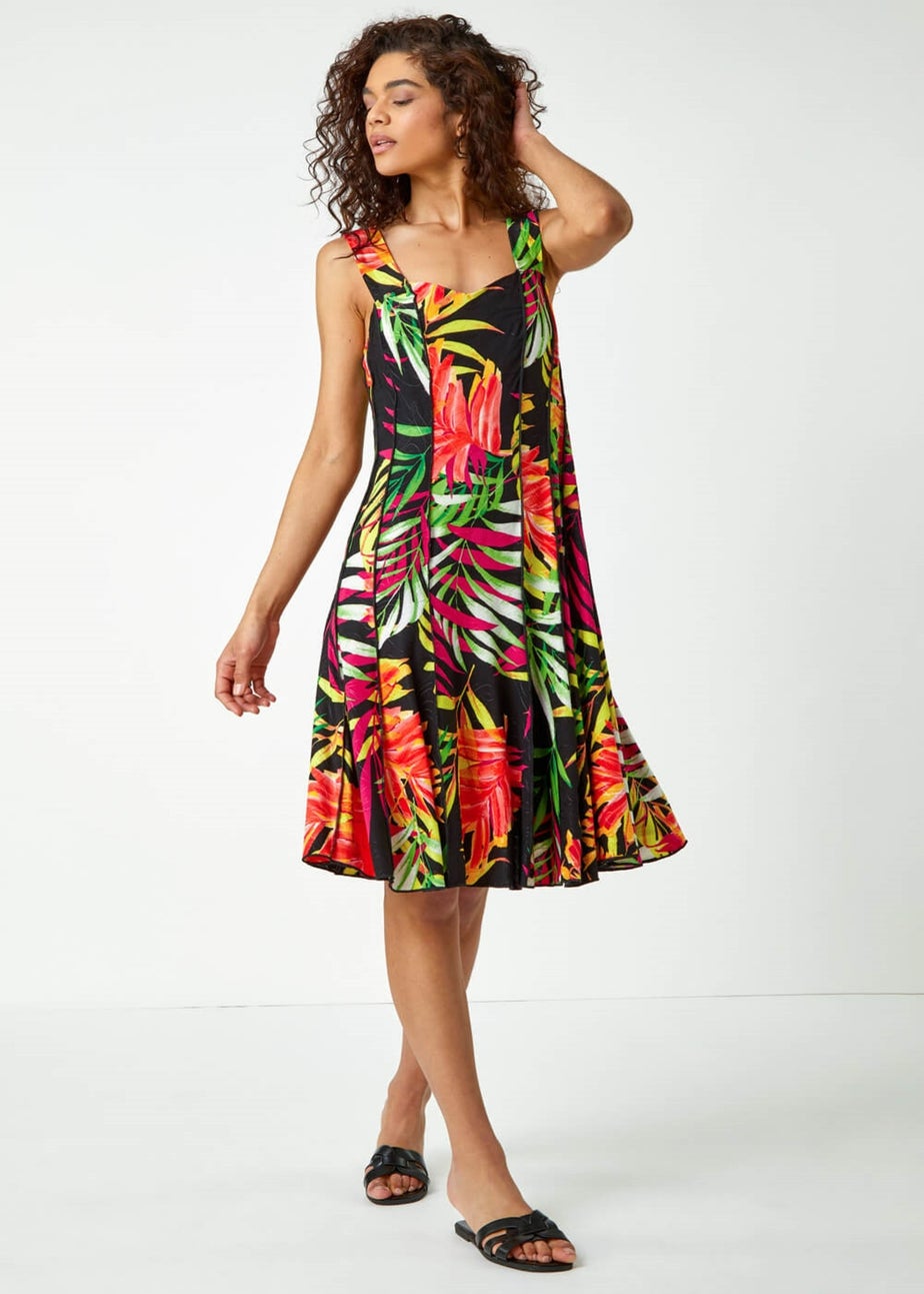 Roman Black Tropical Print Panel Dress