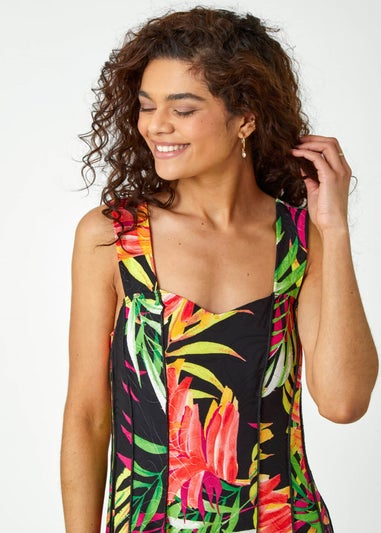 Roman Black Tropical Print Panel Dress