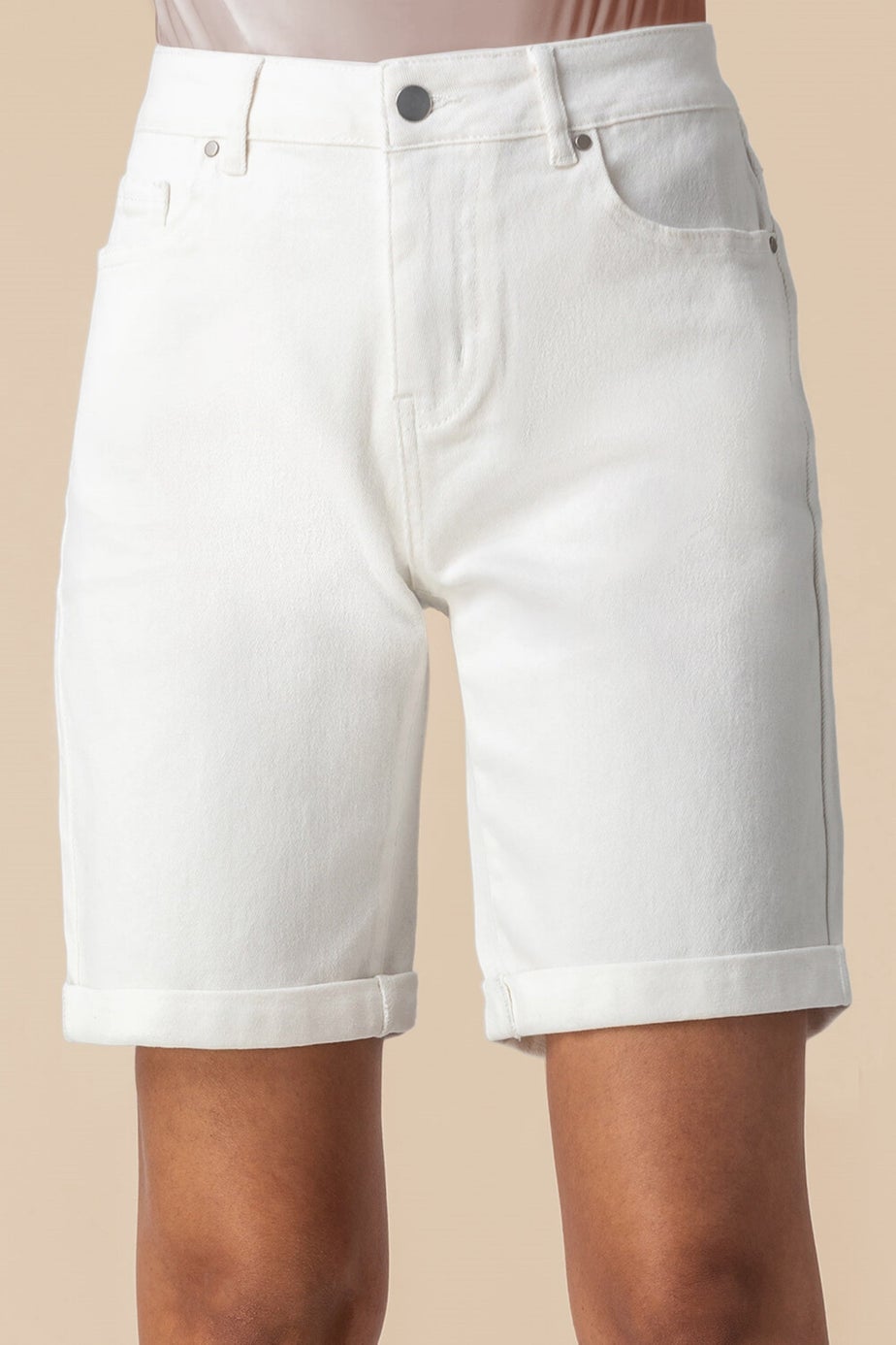 Roman White Turned Hem Denim Stretch Shorts