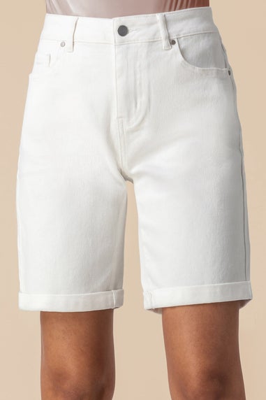 Roman White Turned Hem Denim Stretch Shorts