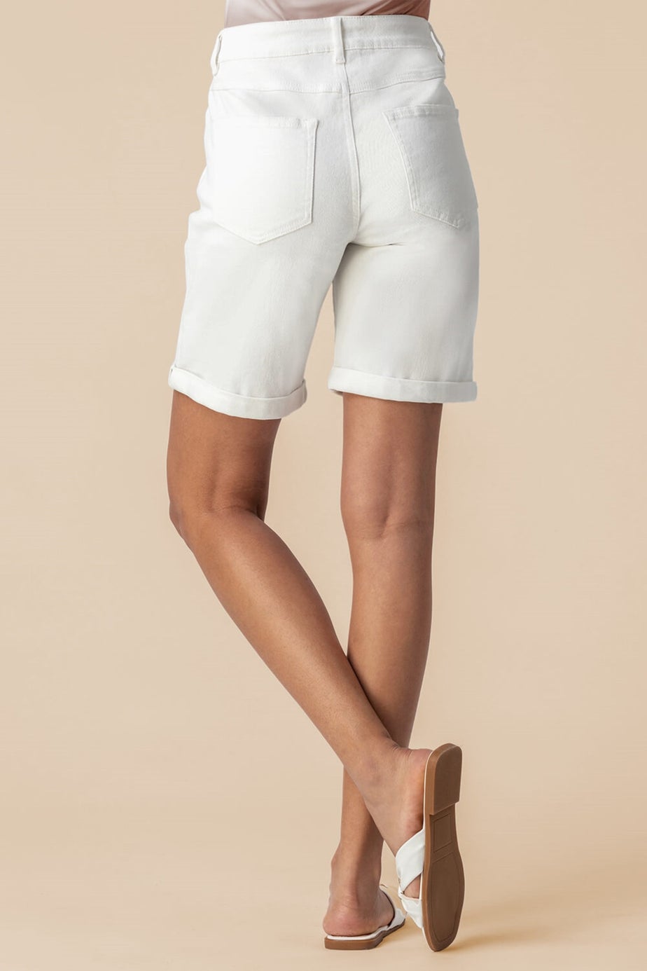 Roman White Turned Hem Denim Stretch Shorts