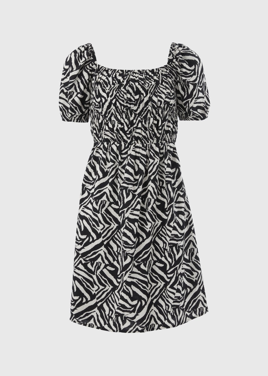 Black Mono Print Puff Sleeve Mini Dress