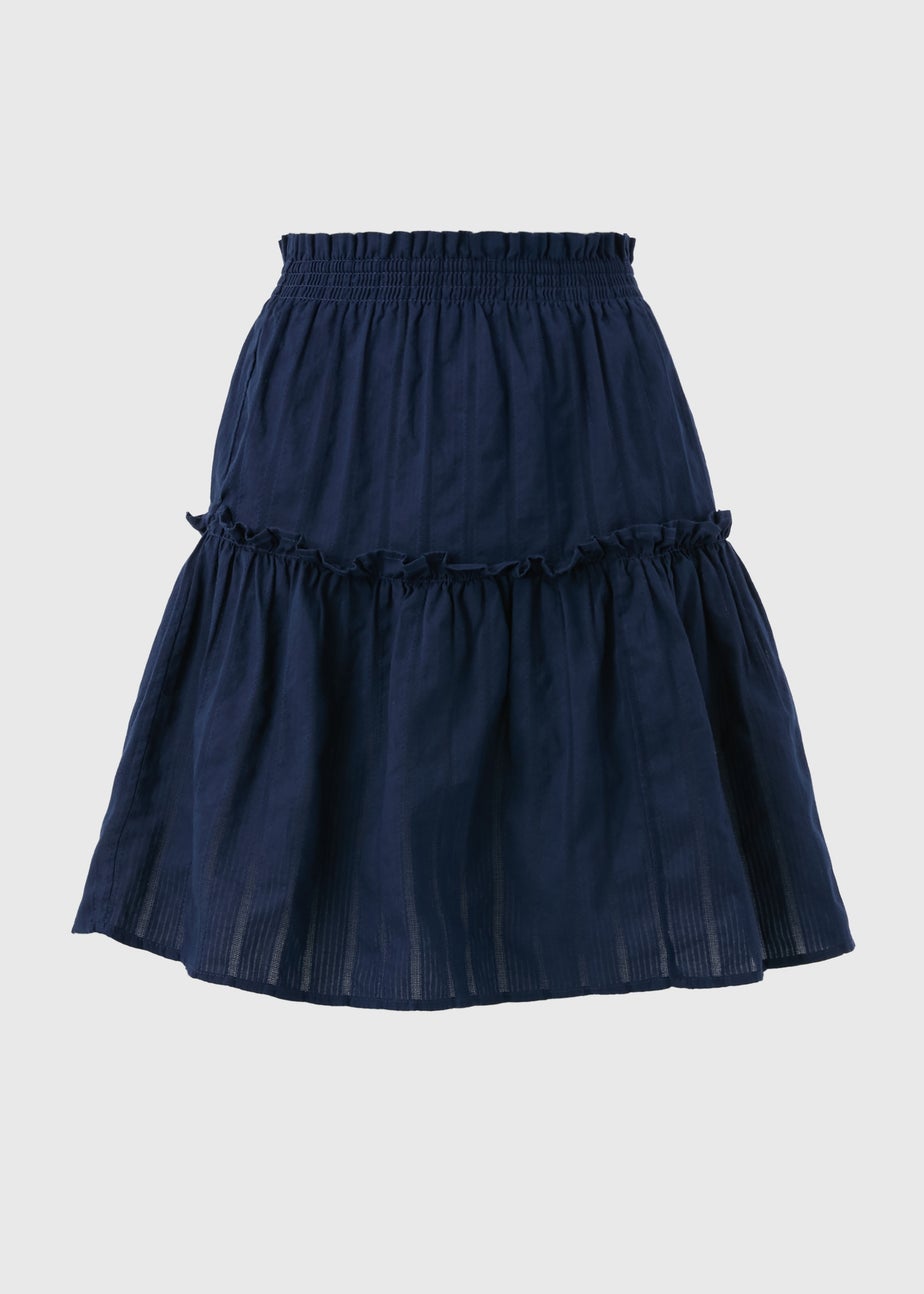 Navy Dobby Stripe Tiered Mini Skirt