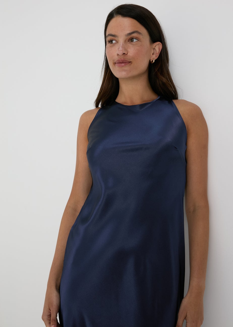 Navy Bias Cut Satin Slip Dress