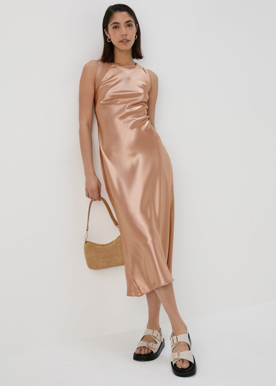 Champagne Bias Cut Satin Slip On Pencil Dress
