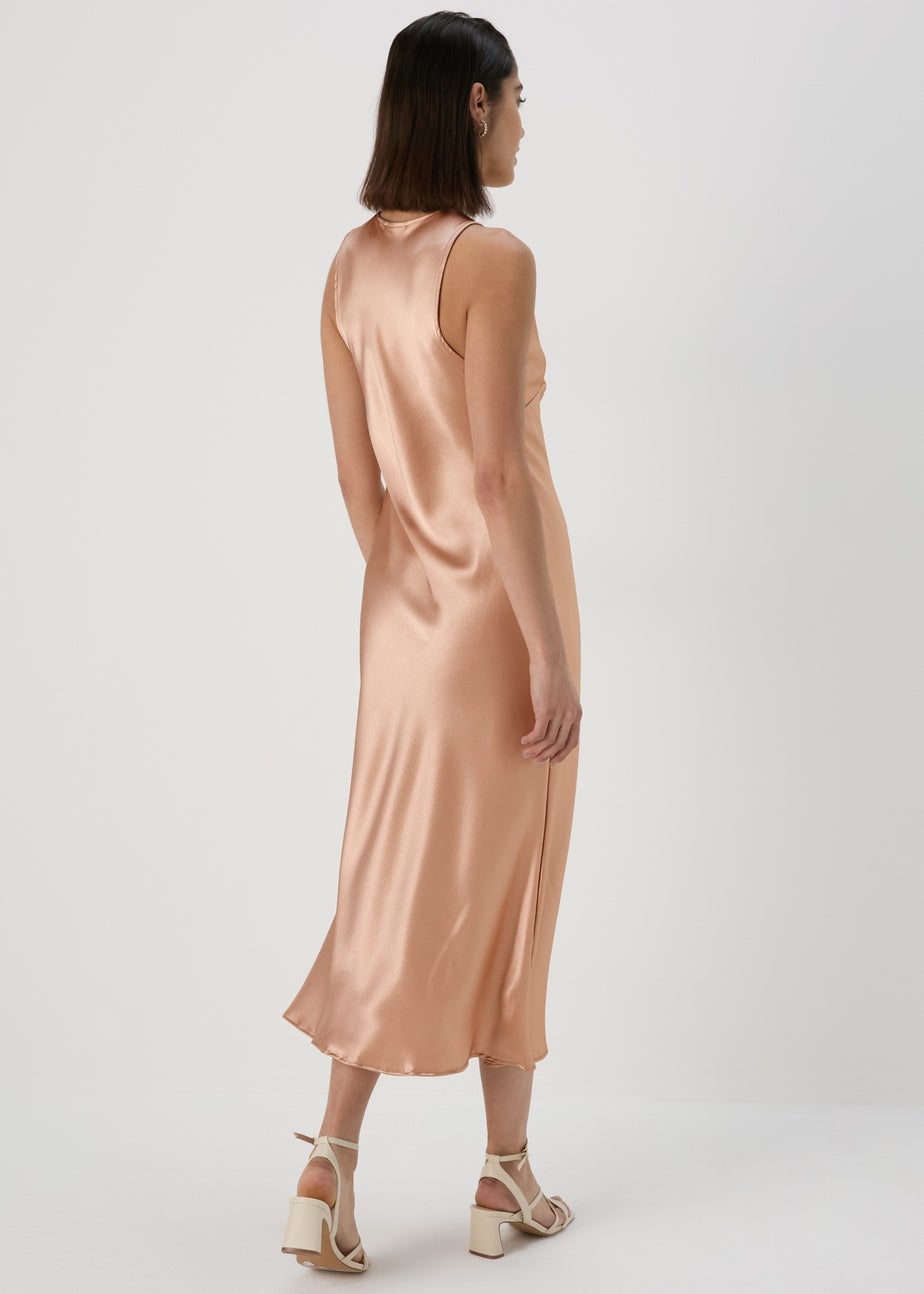 Champagne Bias Cut Satin Slip On Pencil Dress