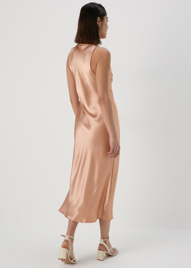 Champagne Bias Cut Satin Slip On Pencil Dress