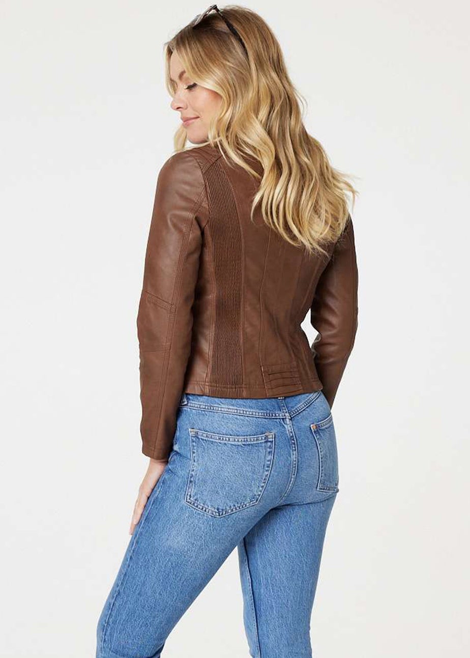 Izabel London Tan Zip Front Faux Leather Jacket
