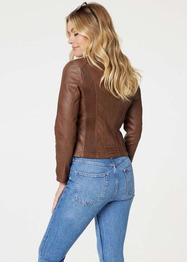 Izabel London Tan Zip Front Faux Leather Jacket