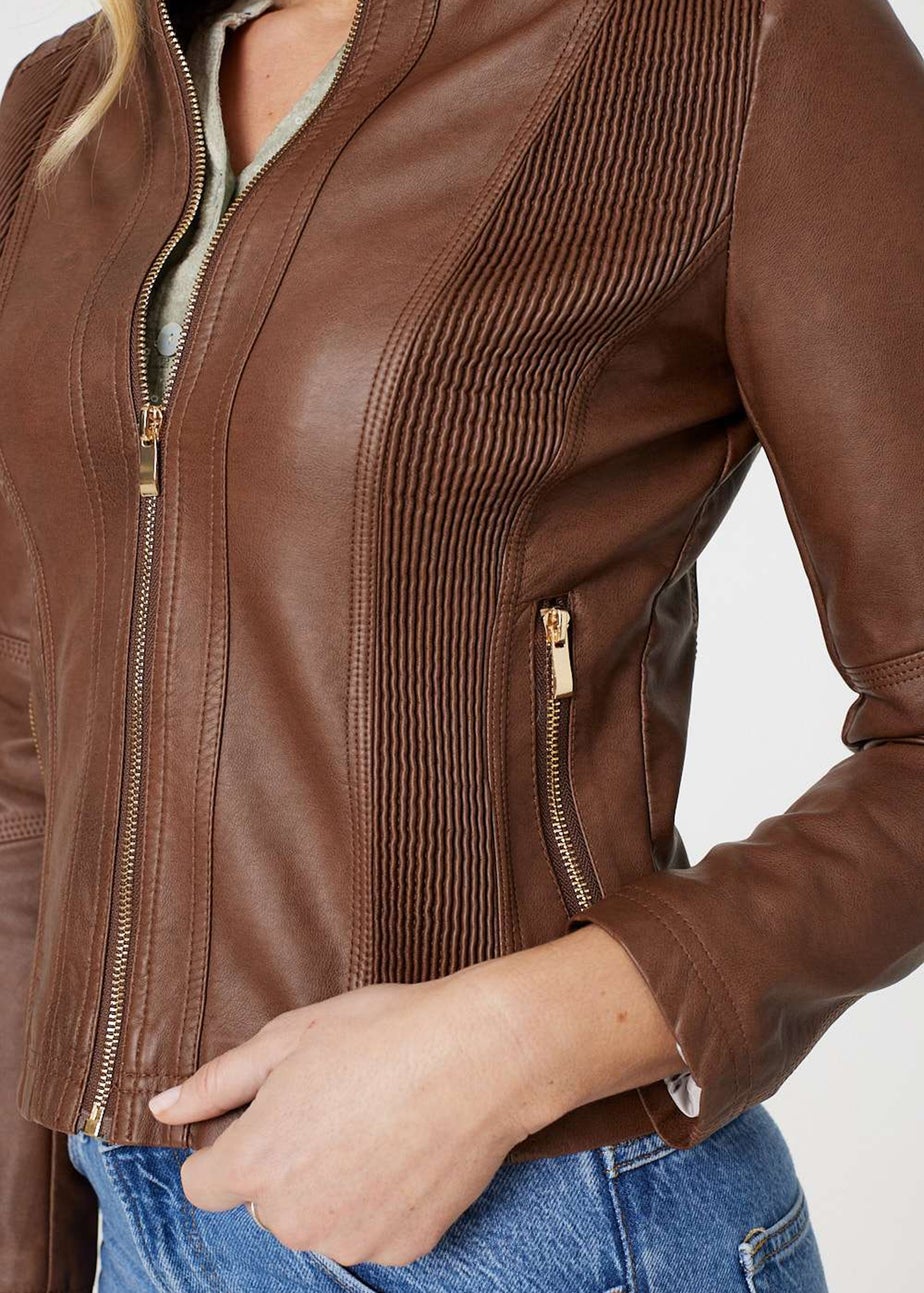 Izabel London Tan Zip Front Faux Leather Jacket