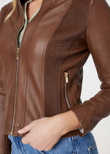 Izabel London Tan Zip Front Faux Leather Jacket