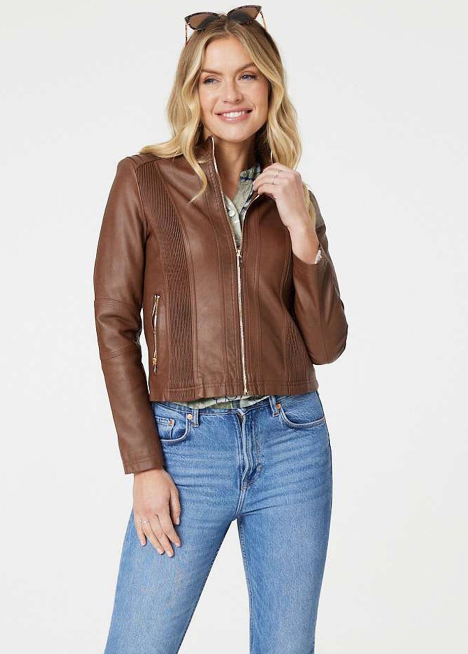 Izabel London Tan Zip Front Faux Leather Jacket